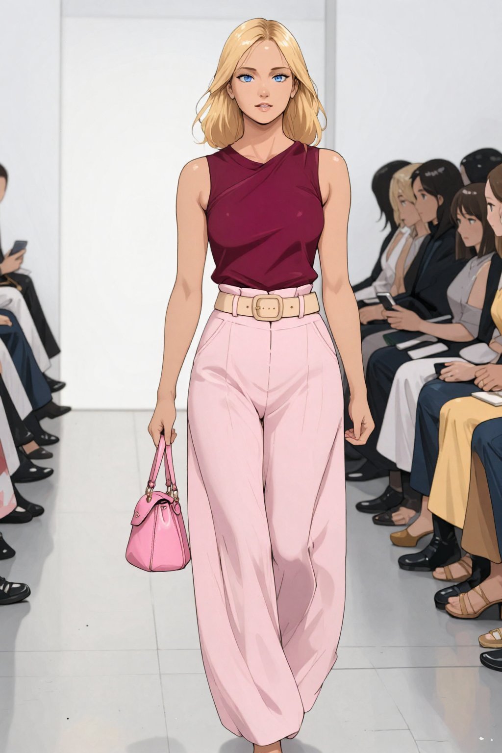 a woman with blue eyes and blonde hair walking confidently on a runway. She wears a one-shoulder,  sleeveless burgundy top...