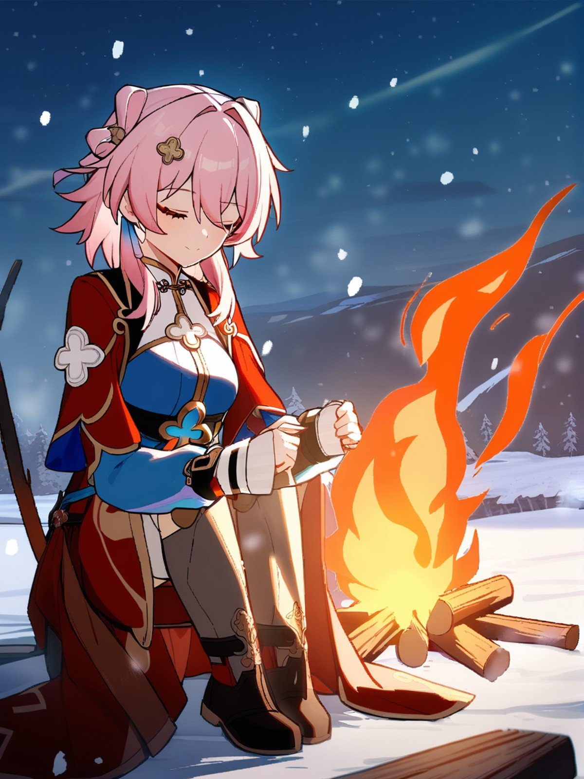 1girl,    march 7th \(hunt\) \(honkai: star rail\), solo, scanlines, remote mountain, campfire, (warm:1.1), cozy, stars, serene atmosphere, red sleeves, sitting, blue sleeves, gameplay mechanics, outdoors, snowing, blue sky, fire, snow, full body, closed mouth, blue hair, closed eyes, day, short hair, sky, blue jacket, jacket,   safe <lora:mki-ani31-march_7th_hunt-v4:1>