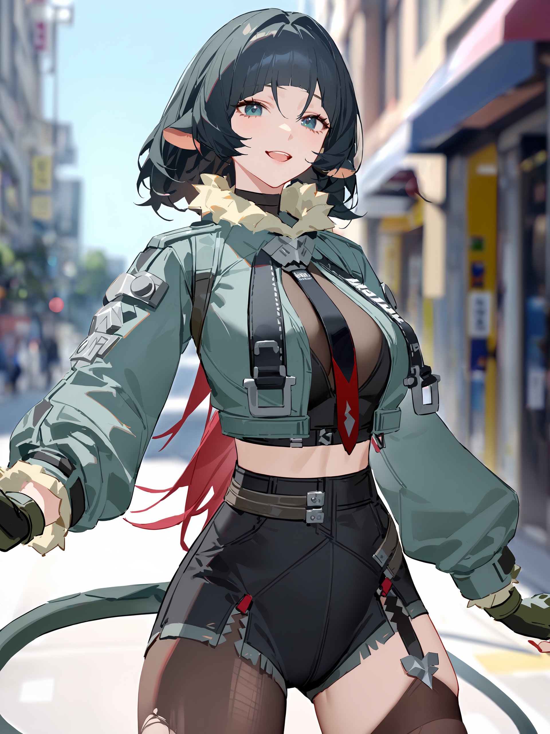 1girl, jane doe \(zenless zone zero\), fingerless gloves, black shorts, tail, cropped jacket, sports bra, single garter strap, single leg pantyhose, single thighhigh, necktie, long hair, looking at viewer, smiling, open mouth, street, outdoors, depth of field, standing, cowboy shot <lora:Char-ZZZ-Jane_Doe-V2-XL:0.9>, masterpiece, best quality, very aesthetic, ray tracing, newest,(hitenkei, askzy:0.5),