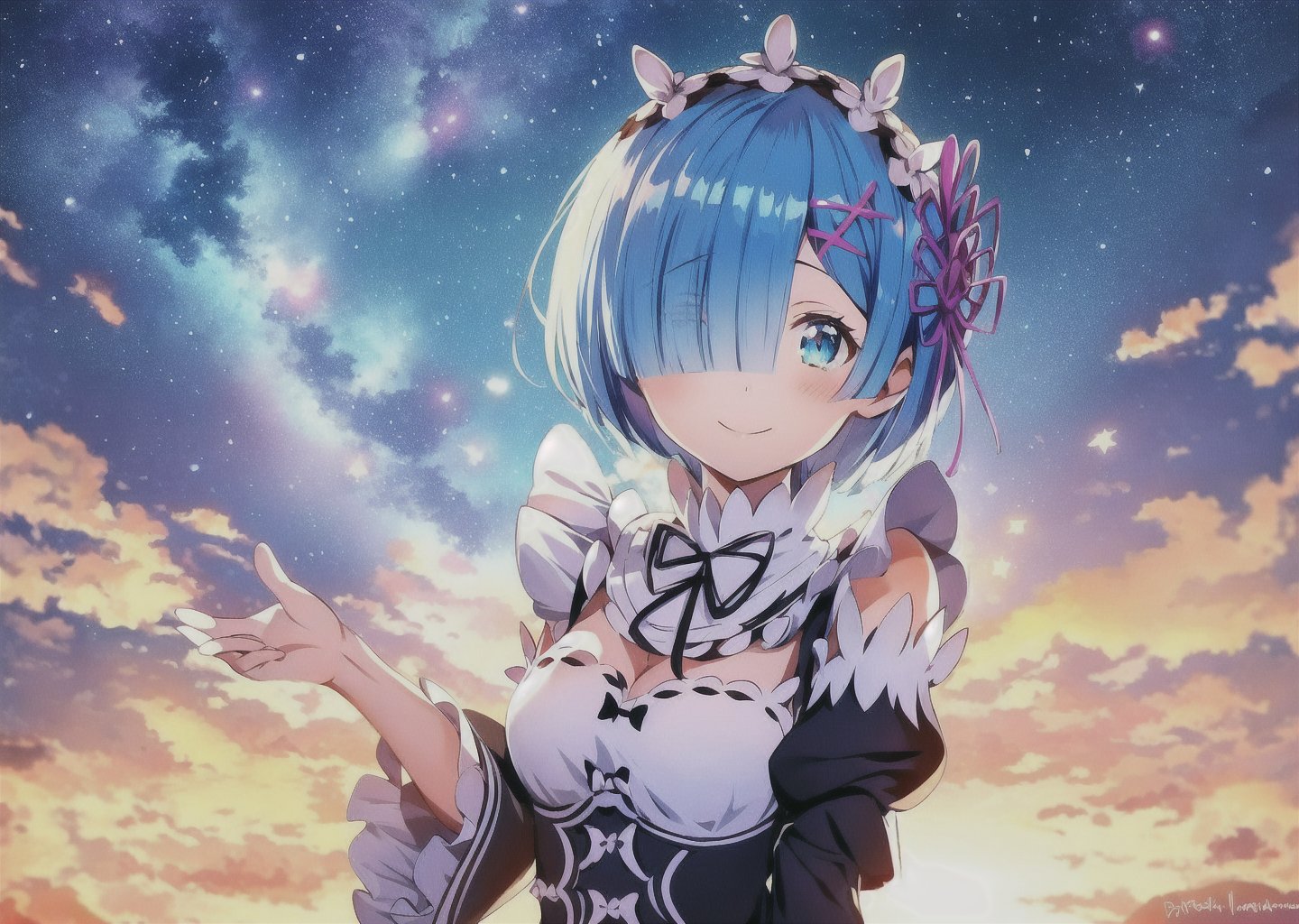 ((masterpiece), best quality, perfect anatomy,rem \(re:zero\),rem,maid,blue hair,1girl,solo,smile,, ,,,<lora:rem:0.8>,stars in the eyes,messy floating hair,Starry sky adorns hair,depth of field,