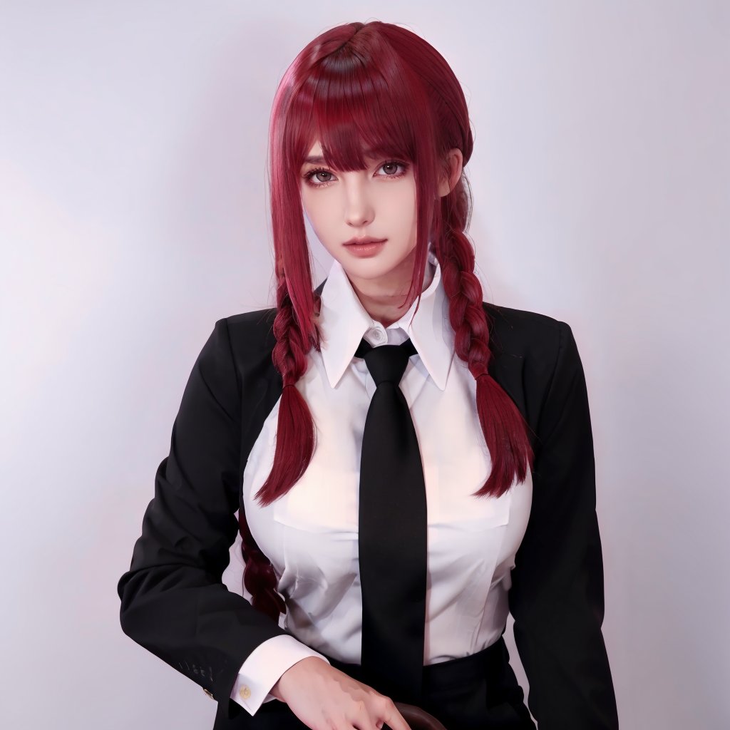 1girl, necktie, makima_\(chainsaw_man\), braid, black_background, formal, ringed_eyes, suit, black_necktie, braided_ponytail, solo, shirt, looking_at_viewer, medium_breasts, long_sleeves, bangs, collared_shirt, business_suit, long_hair, black_pants, breasts, white_shirt<lora:cos圣体:0.8>,