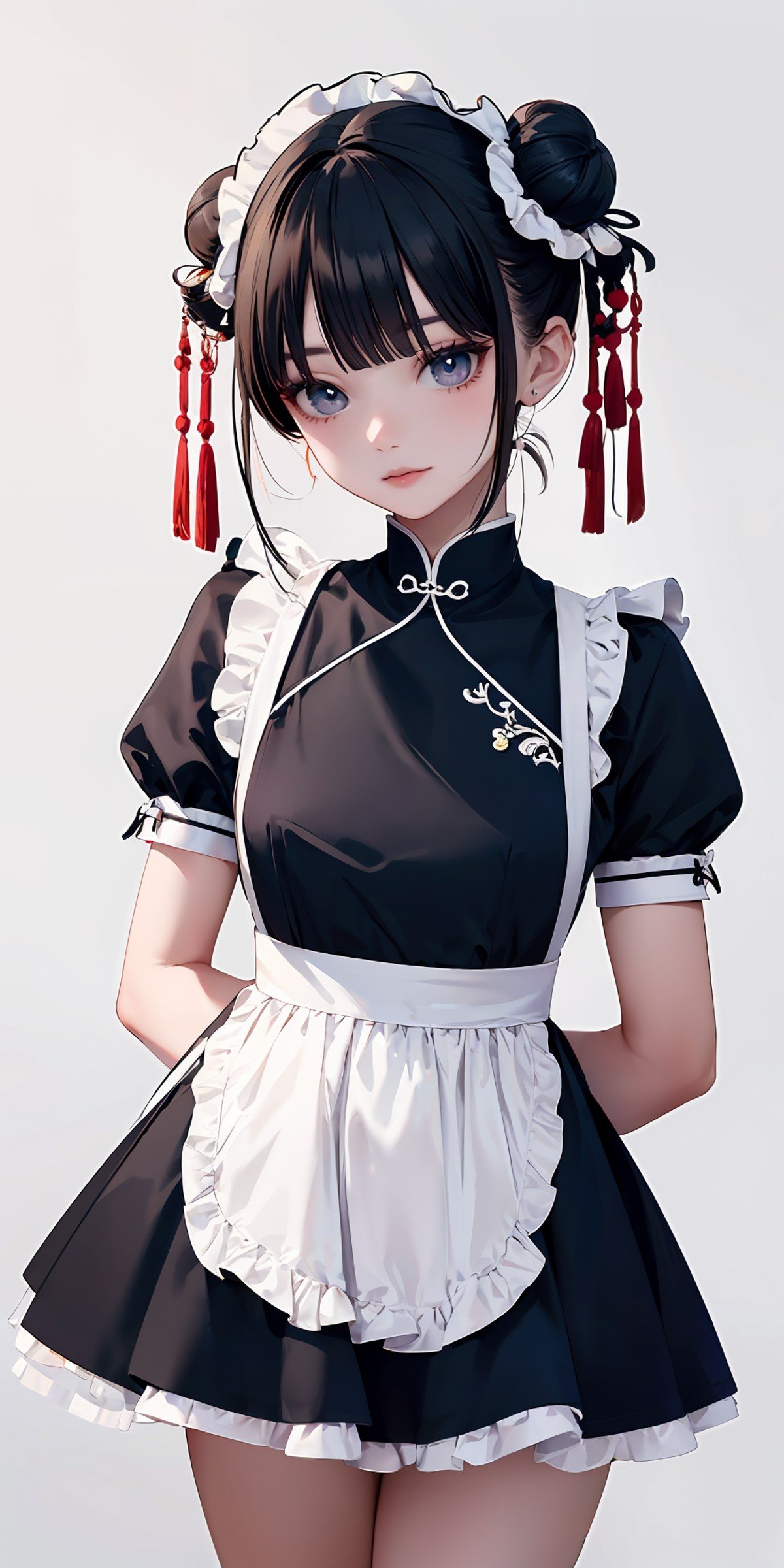 masterpiece,ultra-detailed,best quality,8K,illustration,cute face,clean skin ,shiny hair,girl,,simple background,cowboy shot,  <lora:china maid_V1.0:0.8> jyojifuku, china maid, apron, frills, double bun