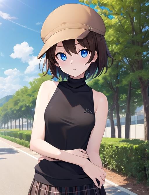 best quality, masterpiece, highres, detailed, digital artwork, <lora:Detail - add_detail:0.2>, HelgaHaruka, blue eyes, brown hair, short hair, brown hat, black sweater, sleeveless turtleneck, checkered skirt, <lora:Character - HelgaHaruka:0.8>,court, contempt