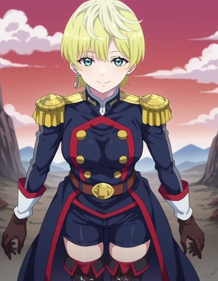 score_9, score_8_up, score_7_up, source_anime,tenkaizumo, <lora:tenka-izumo-s1-ponyxl-lora-nochekaiser:1>tenka izumo, short hair, blue eyes, blonde hair,thighhighs, gloves, jewelry, earrings, boots, shorts, belt, uniform, military, military uniform, thigh boots, epaulettes,outdoors, wasteland, bent over, smile,looking at viewer, cowboy shot, dutch angle, solo,