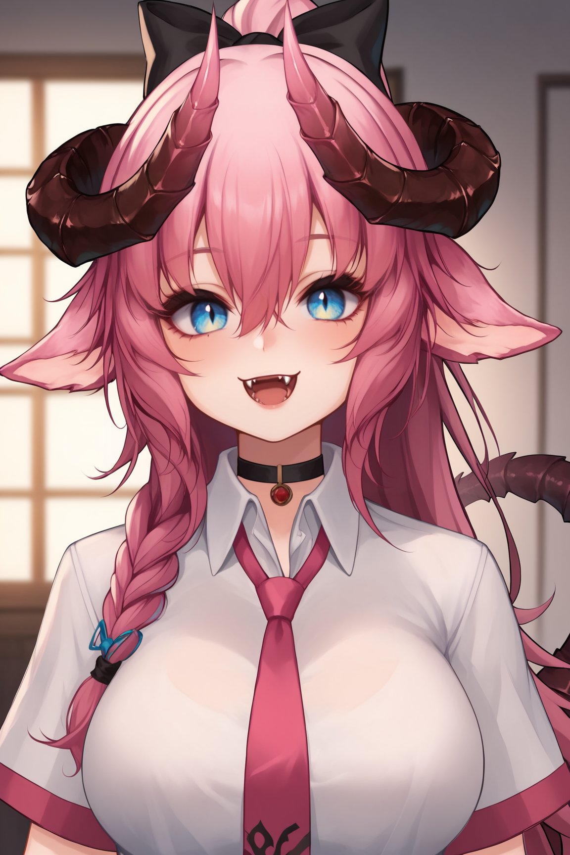 score_9, score_8_up, score_7_up, score_6_up, score_5_up, score_4_up, IrelythVTXL, blue eyes, colored eyes, pink hair, sidelocks, long hair, black bow, side braid, hair between eyes, animal ears, horns, fangs, black chocker, large breasts, collared shirt, white shirt, short sleeves, pink necktie, dragon tail, (portrait, upper body), seductive smile, looking at viewer, indoors  <lora:IrelythVTXL:0.8>