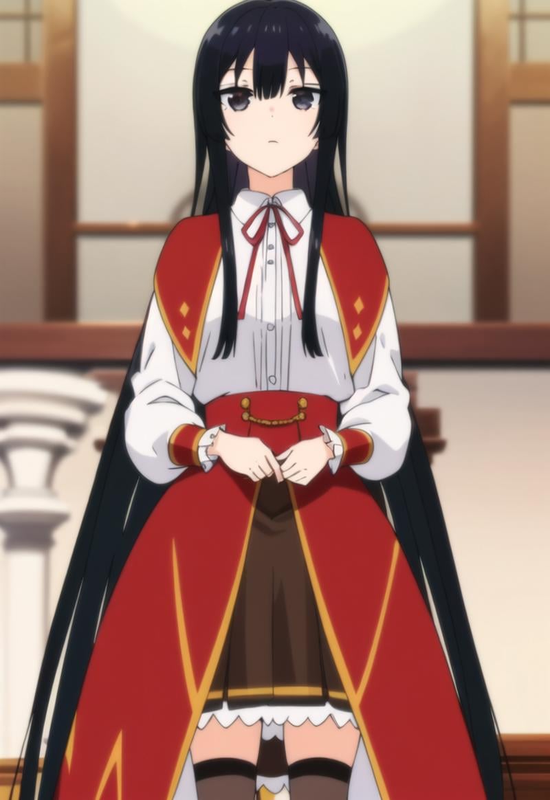 best quality, masterpiece, extremely detailed, 1girl,solo,<lora:YumiellaDolkness-v1:0.7>,(yumielladolkness,black_hair,long_hair,straight_hair,black_eyes,:1.2),(white_blouse,ribbontie,red_skirt,layered_skirt,red_cape,:1.0),