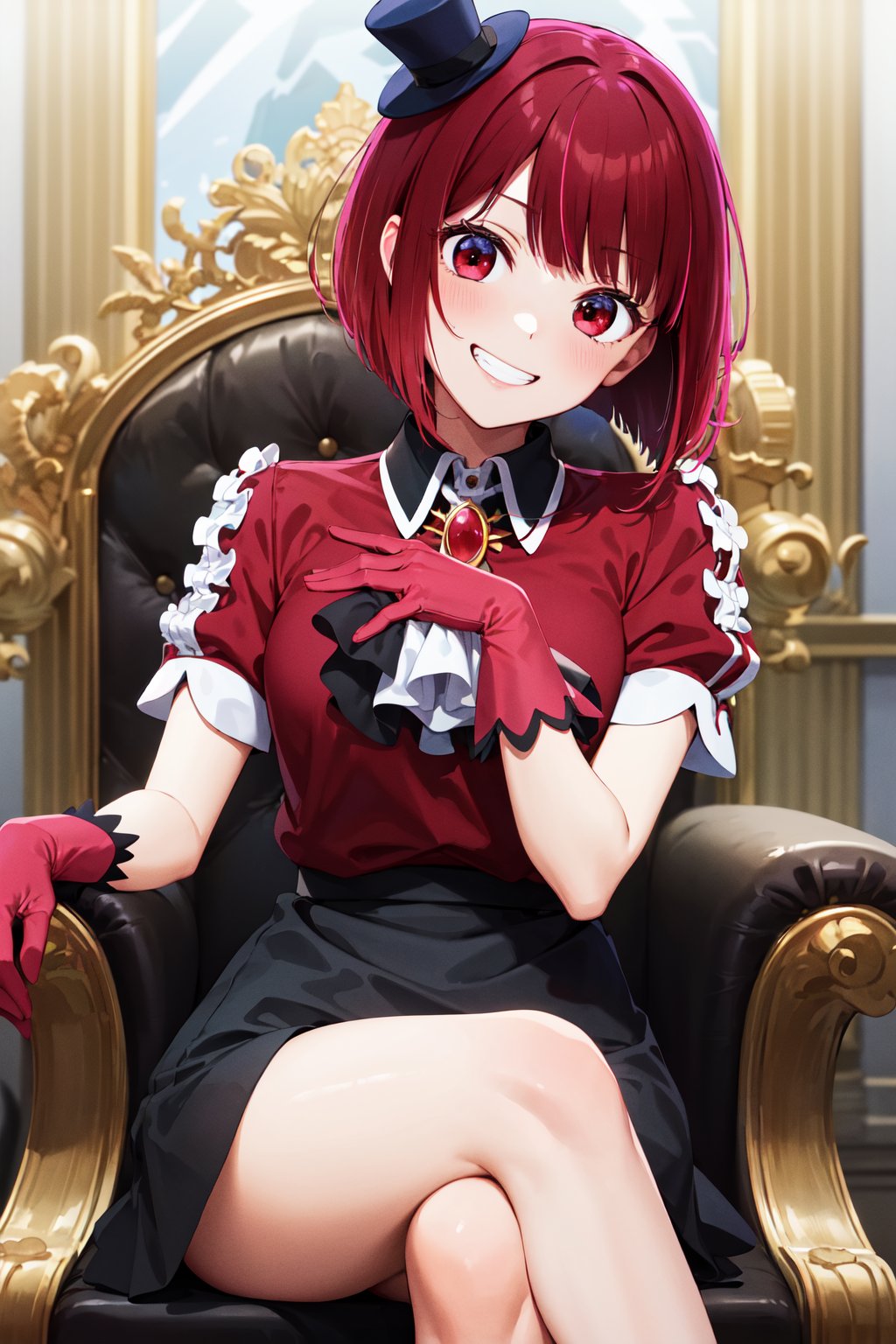 masterpiece, best quality, highres, aakana, short hair, mini hat, head tilt, red eyes, jewelry, brooch, white ascot, frills, red shirt, short sleeves, pink gloves, black skirt, <lora:arima_kana_v1:0.7>, throne, sitting, crossed legs, smirk, grin