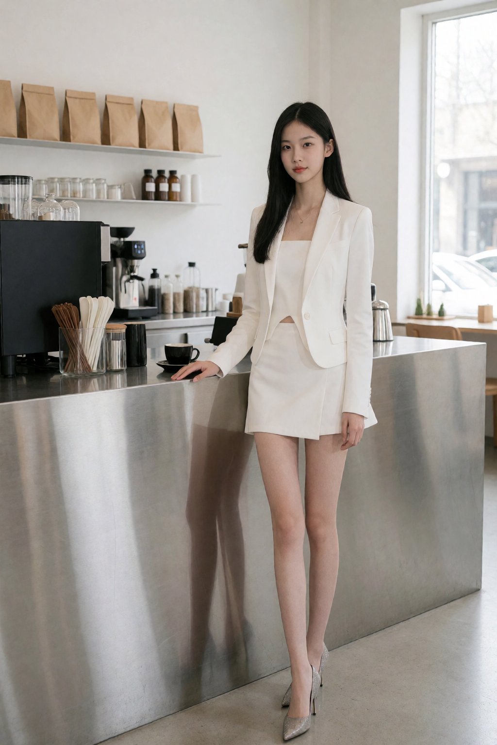 在这家现代简约的咖啡馆里,  一位身材纤细、肤色白皙、一头乌黑直发的女士自信地站在光滑的不锈钢吧台前。她身着一件别致的白色短裙,  衬托出她娇小的身形 by 天TIN on Tensor.Art