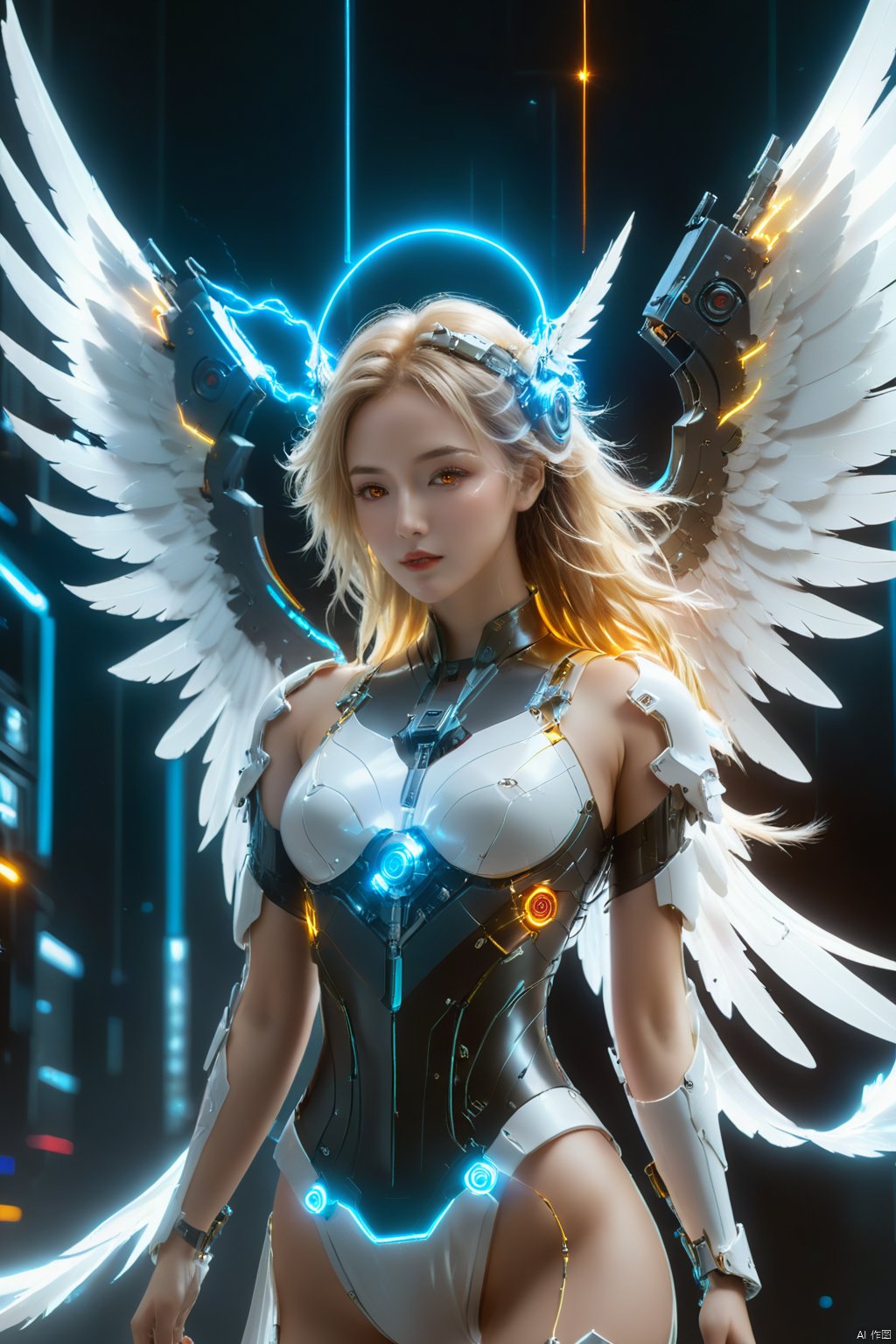 cyberpunk art,fantasy art,1girl,angel,angel wings,white theme,(winding lightning:1.2),mechanically constructed body,extremely complex mechanical structures,white skin,white wings,bright picture,red eyes,electricity,breasts,realistic,looking at viewer,blonde hair,mechanical wings,red eyes,a glowing halo above one's head,masterpiece,best quality,ultra-detailed,very detailed illustrations,extremely detailed,intricate details,highres,super complex details,extremely detailed 8k cg wallpaper,cowboy shot,reflections,ray tracing,dark aura,cyber effect,mecha girl parts,robot joints,single mechanical arm,(angel's halo),mechanical halo,intricate mechanical bodysuit,mecha corset,(transparent plastic armor),very long hair,hair between eyes,multicolored hair,colored inner hair,random expressions,random action,dynamic pose.true-to-life feathers,This female character possesses a body constructed entirely of intricate mechanical components,the complexity and finesse of which are truly awe-inspiring. Her skin is flawlessly white,and she unfurls a pair of pure white wings behind her back,adorned with a winding lightning pattern that is rendered at 1.2 times the standard density,creating a striking visual impact. These wings not only embody mechanical architecture but are also depicted with such lifelike detail that they resemble genuine feathers.,She boasts ruby-red eyes that gleam with the kinetic energy of flowing electricity,directly engaging the viewer. Her golden locks shine brightly as they flow in the wind,with several strands naturally cascading down between her eyes. She sports a single mechanical arm,its joints meticulously designed with a distinct cyberpunk aesthetic.,Her head is adorned with a halo composed of similar mechanical parts,softly emitting light,further enhancing her portrayal as a mechanical angel., scenery<lora:EMS-349481-EMS:0.800000>, <lora:EMS-337923-EMS:0.600000>, <lora:EMS-329777-EMS:0.600000>