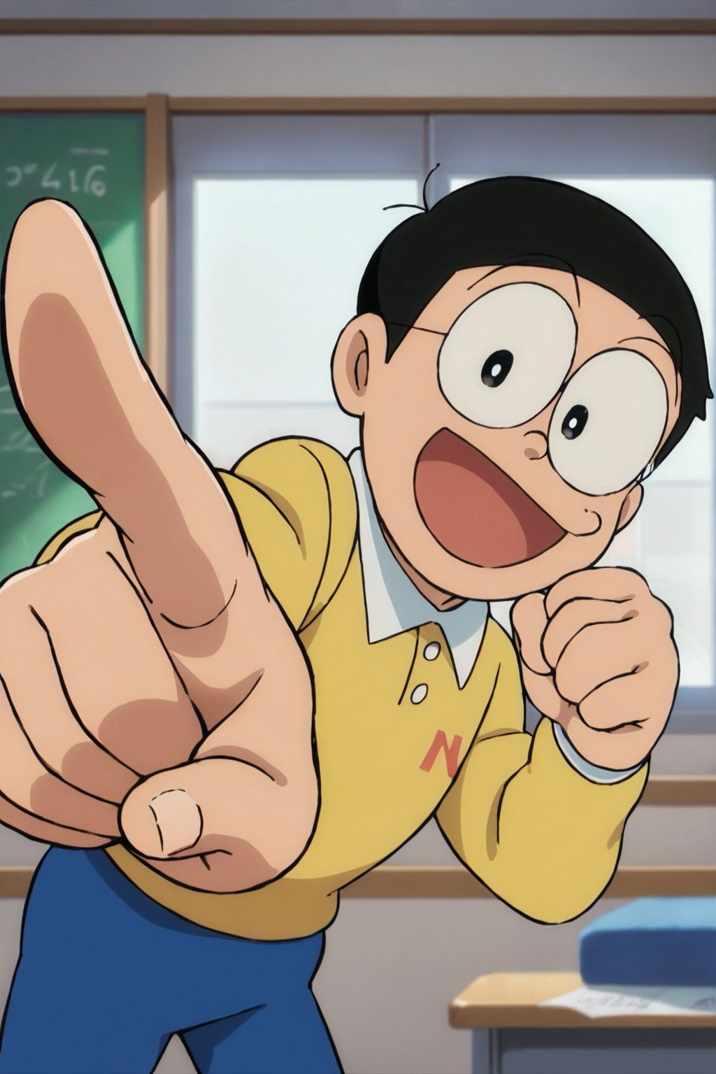 score_9, score_8_up, score_7_up, score_6_up, score_5_up, score_4_up, source_anime, nobi nobita, 1boy, glasses, male focus, solo, yellow shirt, blue pants, pointing, black hair, pointing at viewer, open mouth, smile, classroom, black eyes, indoors, looking at viewer, masterpiece, best quality, cowboy shot,<lora:minamoto shizuka and nobita pony:0.8>