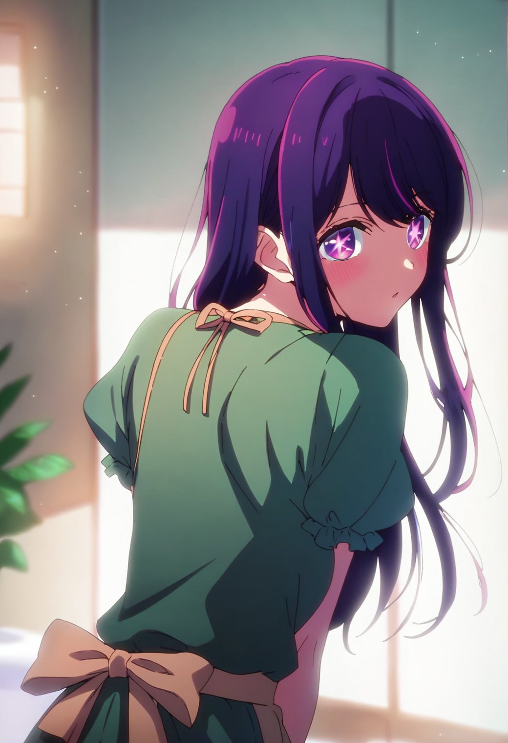 1girl, hoshinoai, solo, <lora:hoshinoai_ponyxl:0.9>, purple hair, purple eyes, long hair, star-shaped pupils, BREAKgreen shirt, apron, BREAKfrom behind, looking back, BREAKscore_9, score_8_up, score_7_up, score_6_up, anime,(high quality, detailed, beautiful), shiny, detailed beautiful eyes, outstanding, countershading, detailed soft lighting