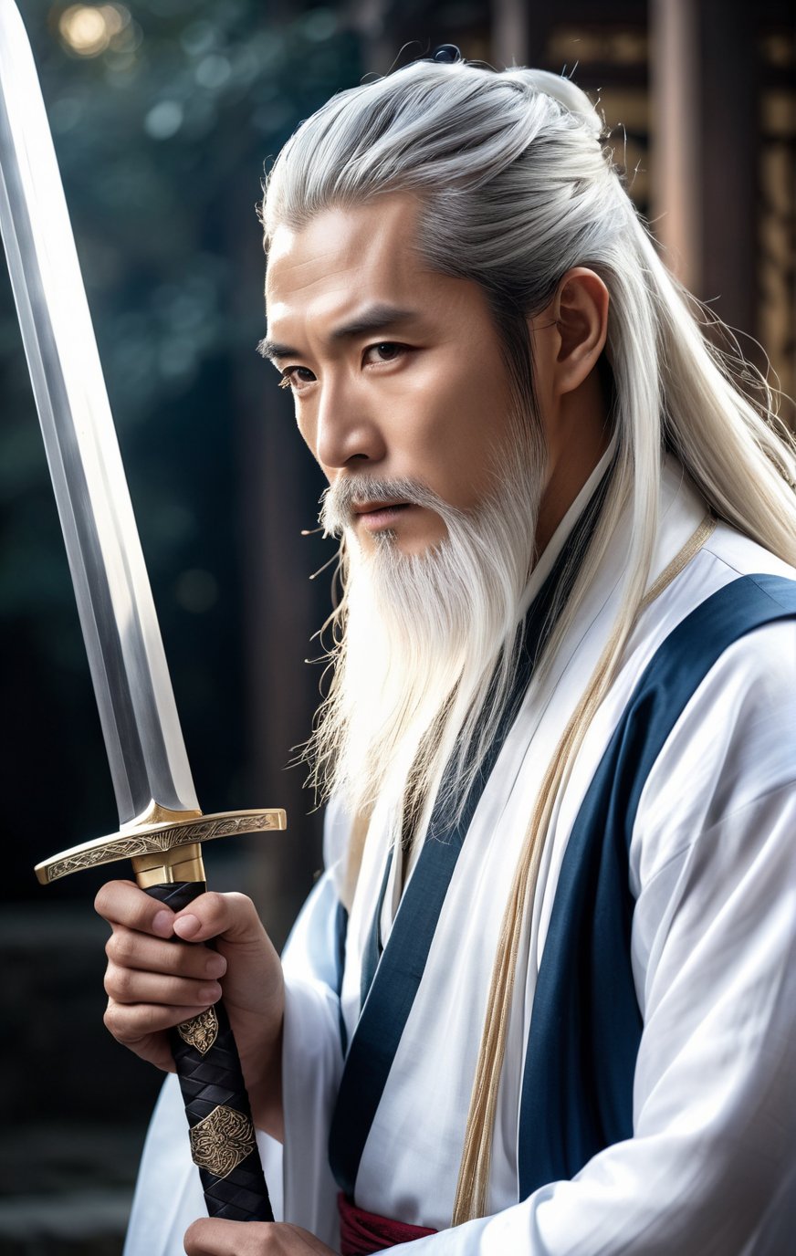 48 y.o boy,hanfu,(long beard:1.2),magnificent,take the sword,(face full of wrinkles:1.6),ethereal,epic,majestic,magical,fantasy art,dreamy,elegant,cinematic,background illuminated,ambient dramatic atmosphere,creative,perfect,intricate,detailed,long hair,beard,(a little white hair:0.5),(a little white beard:0.5),(white long eyebrows:0.5),