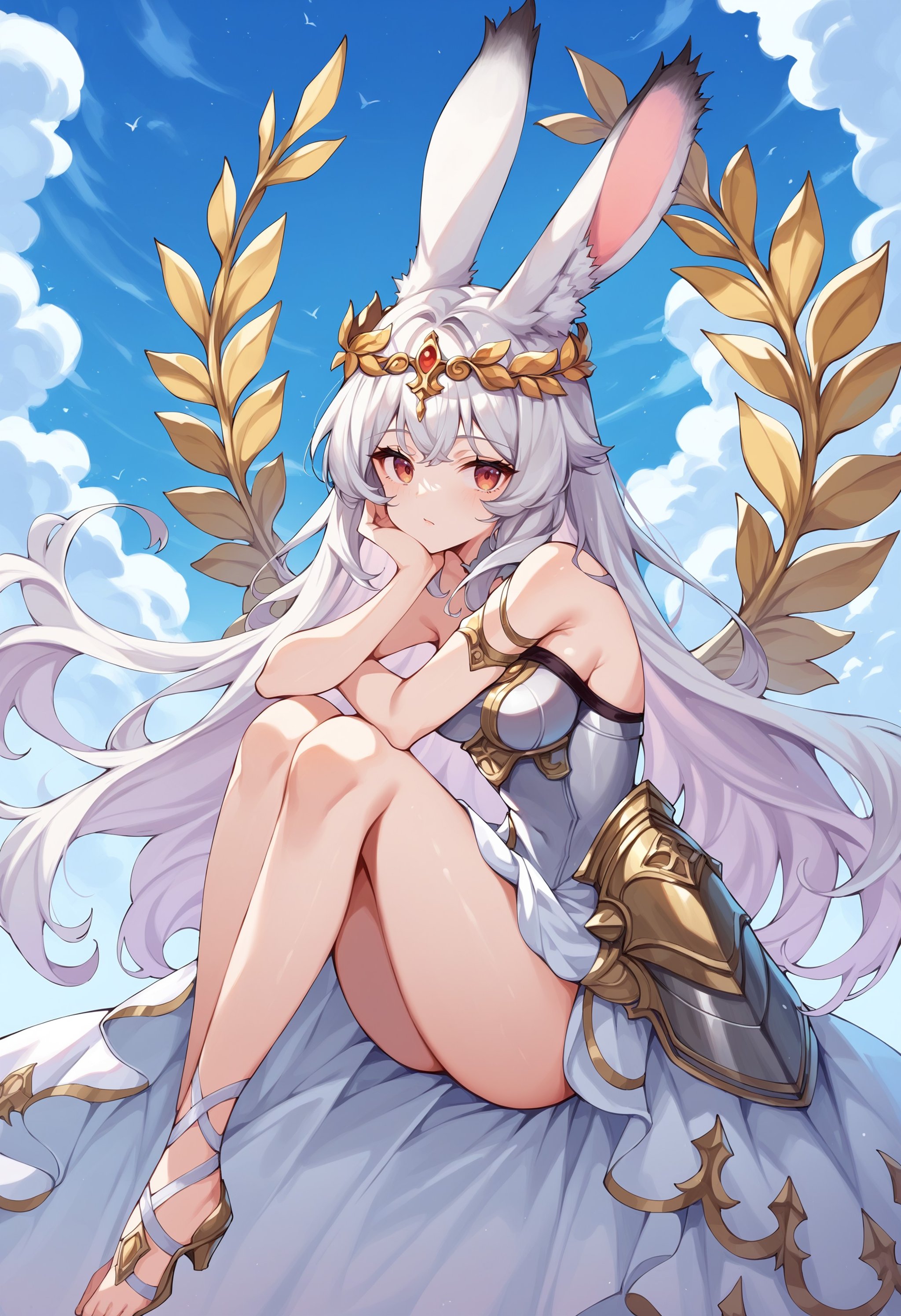 score_9, score_8_up, score_7_up, score_6_up, source anime,1girl, rabbit girl, animal ear fluff, viera, knees up, golden laurel wreath crown, goddess, pale skin, beautiful face, armored dress, wings, looking at viewer, cloudy sky, holy light, light from clouds, fantasy, from side, masterpeice, best quality, very aesthetic, absurdres