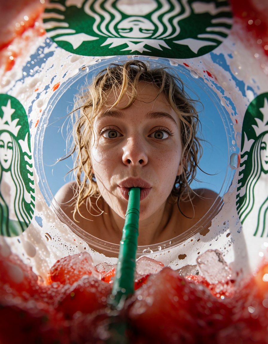 Extreme low-angle macro shot looking straight up from the bottom of a transparent Starbucks cup with thick rim forming cir...
