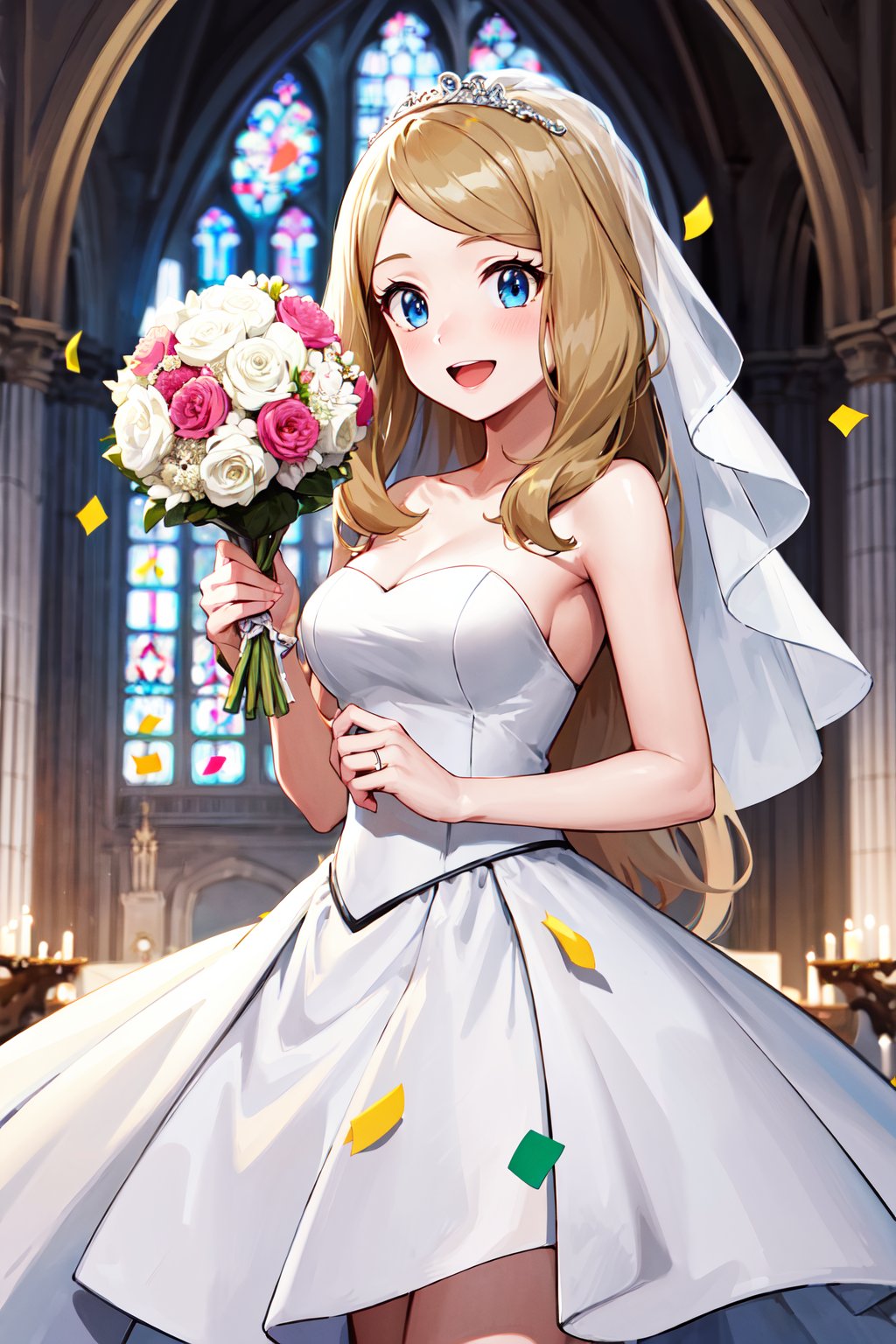 masterpiece, best quality, highres, aaserena, solo, long hair, eyelashes, blue eyes, <lora:serena_(pokemon)_v2:0.7>, wedding dress, white dress, strapless, church, smile, open mouth, holding bouquet, confetti, cowboy shot, 