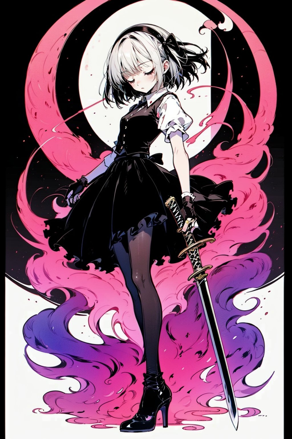 texture, HEZI, NIJI style, two yuan, gorgeous color, cool, cute, detail, 1girl, weapon, sword, solo, konpaku youmu, hairband, skirt, holding, white hair, vest, closed eyes, katana, holding weapon, black hairband, holding sword, ribbon, full body, puffy sleeves, black footwear, short hair, shirt, white shirt, black skirt, black ribbon, short sleeves, black bow, dual wielding, black vest, skirt set, standing, hair ribbon, high heels, closed mouth, bow, bangs, asymmetrical legwear, puffy short sleeves, shoes, long sleeves, torn clothes, hair bow, single thighhigh, uneven legwear, adapted costume, red ribbon, black gloves, border, black border, single leg pantyhose, collared shirt, facing viewer, pantyhose, wakizashi, bob cut, small breasts, breasts, unsheathed, socks, floating hair, neck ribbon, single sock, arm ribbon, from side, multiple swords, juliet sleeves, green vest, sheath, konpaku youmu \(ghost\), gradient, gloves<lora:HEZI_Niji风格-000026:0.7>,