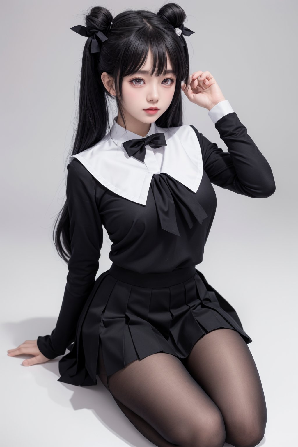 1girl,keqing (genshin impact),solo,pantyhose,skirt,long hair,school uniform,cone hair bun,full body,looking at viewer,serafuku,white background,purple hair,simple background,twintails,hand on hip,breasts,black serafuku,hair bun,long sleeves,black skirt,pleated skirt,black footwear,standing,bow,shirt,shoes,sailor collar,armband,hair bow,bangs,black pantyhose,black shirt,neckerchief,purple eyes,large breasts,very long hair,collarbone,blush,choker,closed mouth,black sailor collar,white bow,alternate costume,loafers,black bow,hair ornament,