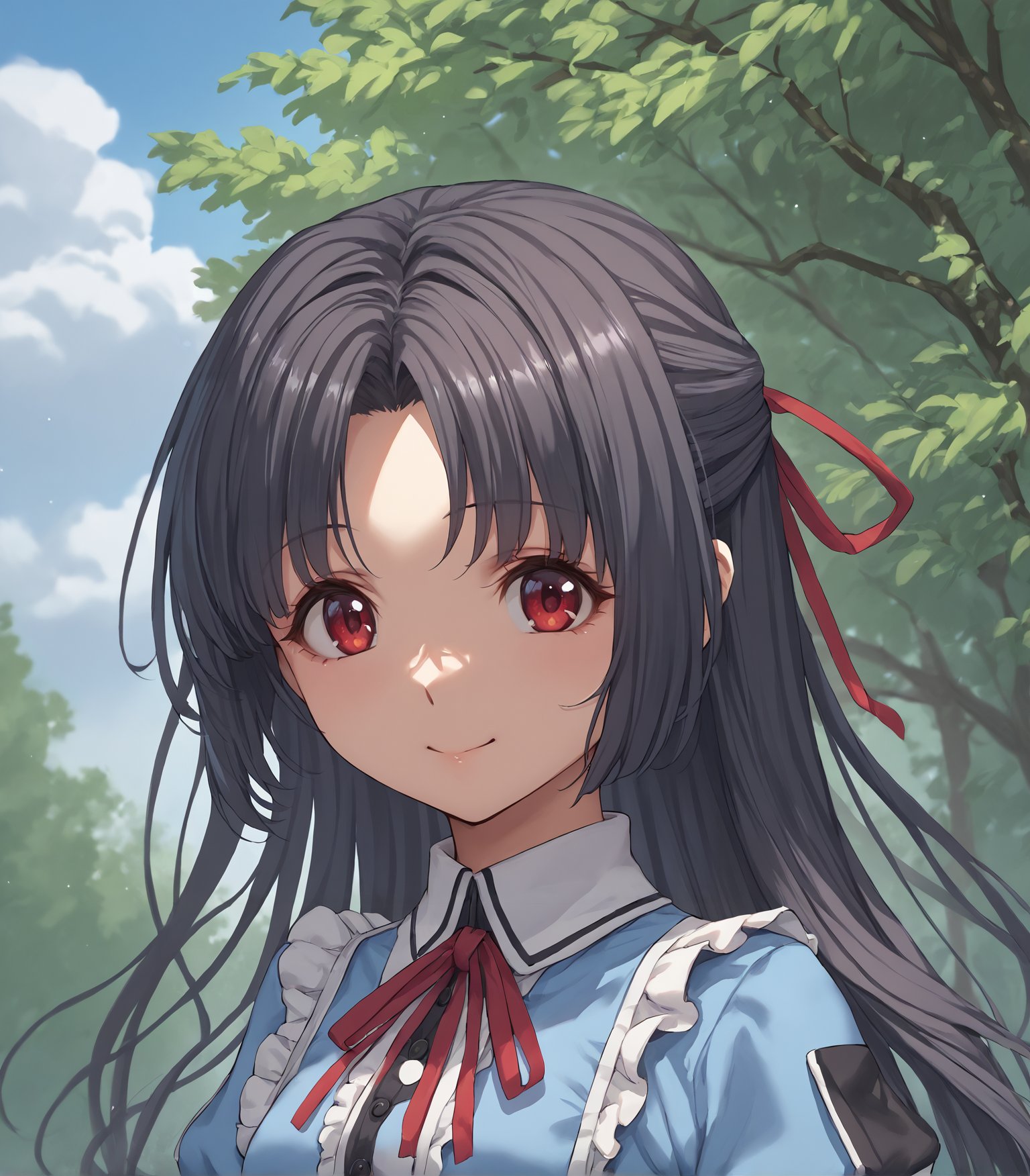 score_9, score_8_up, score_7_up, score_6_up, score_5_up, score_4_up, BREAK source_anime,1girl, solo,  upper body, portrait ,  looking at viewer, smile, outdoors, sky, trees,<lora:rhasta:0.6>, <lora:piromizu_2:0.6> ,  <lora:ShizukuHajimari:0.9>, Shizuku, long hair, black hair, parted bangs, half updo, red eyes, hair ribbon, small breasts, blue shirt, frills, red ribbon, green skirt, black pantyhose, brown shoes,