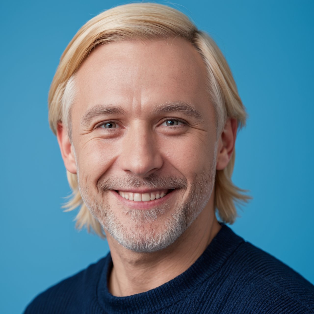 <lora:boh2-000006:1>,  RAW shoot,  close up shoot, eyes shoot,a 40-year-old man, blond, smiling, wearing a white shirt and a blue sweater on a plain blue background