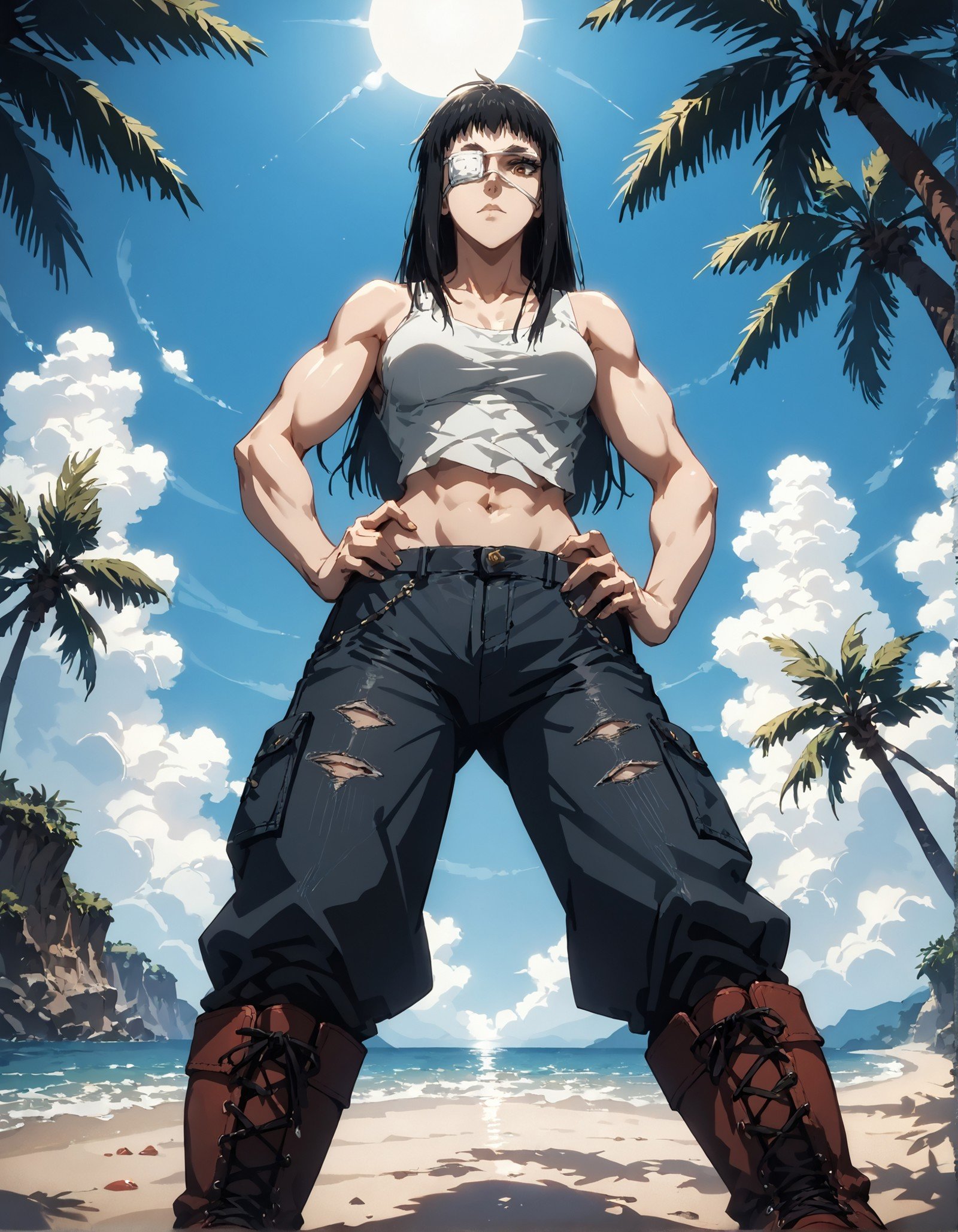 score_9, score_8_up, score_7_up,score_6_up,high resolution,source_anime,s0fiavalm3t,1girl,eyepatch,black hair,long hair,tank top,pants,boots,at beach,volumetric lighting,rim lighting,dof,dramatic shadow,full body,dynamic pose,looking at viewer,pov,standing,hand on hip,from below