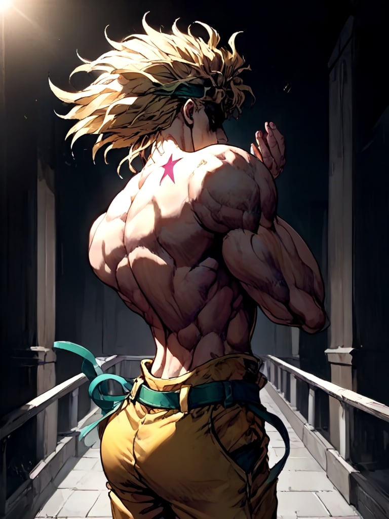 ((black background)), close-up, dio_brando's_pose_\(jojo\), birthmark \(joestar\), ear birthmark, looking at viewer, jojo pose, stepped on staris, night, wind, indoors, vampire, off shoulder, blonde hair, headband, green belt, yellow pants, topless male, muscular male, narrow waist, evil smile, bare back. shaded face, looking back, full body, <lora:dioandhisstarbirthmark_pony:1>