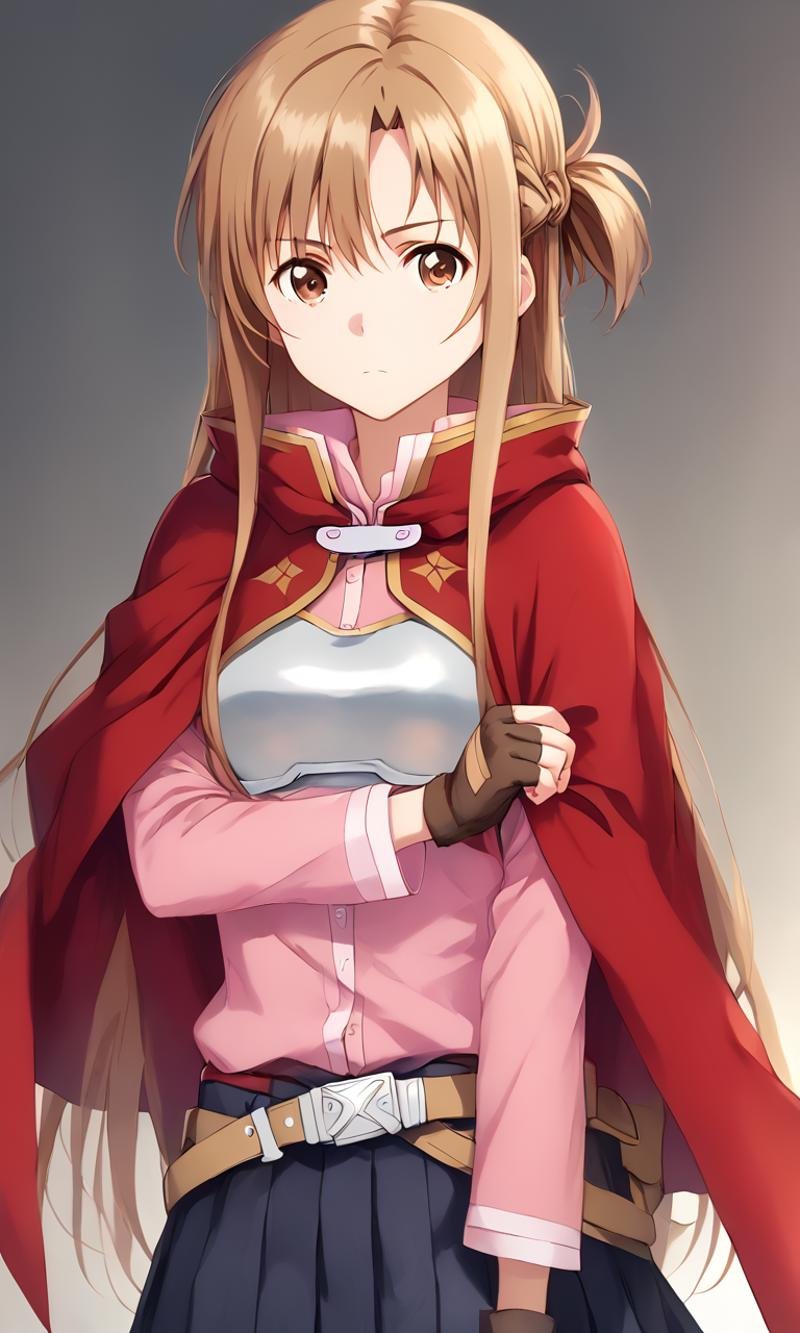 <lora:sdxl-sao-asuna-pony:0.8> asuna, sao, 1girl, solo, brown eyes, brown hair, long hair, bangs, medium breasts, french braid +++ breastplate, pink long sleeves shirt, belt,  black pleated skirt, zettai ryouiki, gray boots, fingerless gloves, red cape +++ rapier