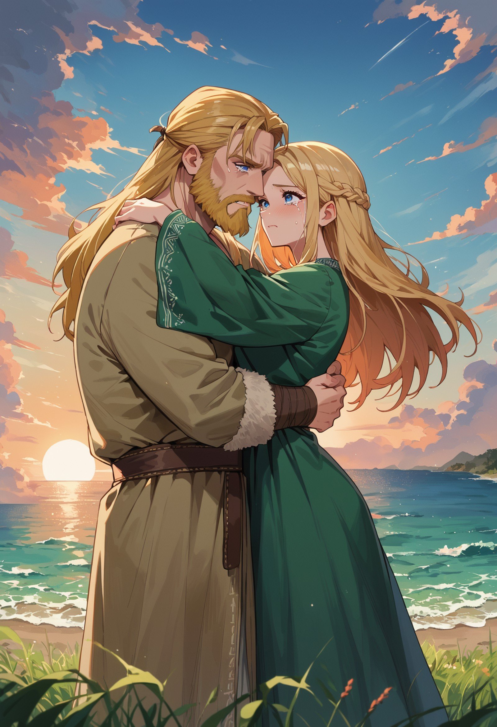 score_9, score_8_up, score_7_up,  source_anime, 1boy, 1girl, long blonde hair, long beard, blue eyes, green tunic, viking, viking clothes, ocean, grass, hug, tears, long sleeves, sunset, long dress