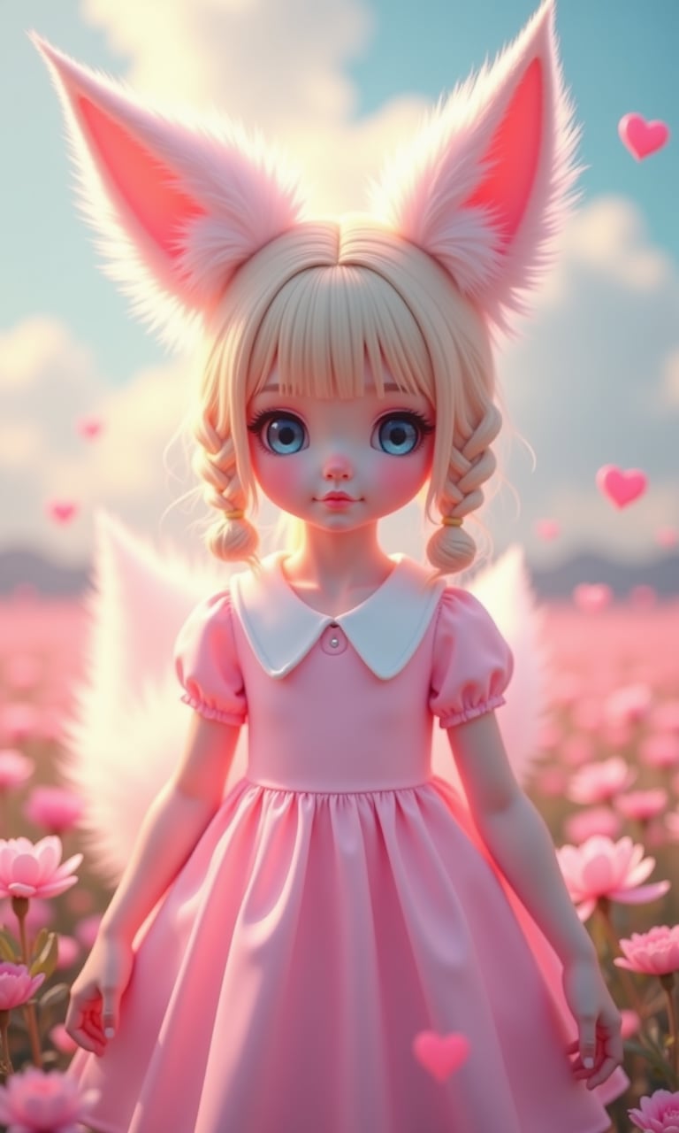 JQZX,A beautiful photo with a fox tail,fox ears,a cute little girl with 9 tails,a very cute face,the image is a portrait of a young girl with long blonde hair and blue eyes. she is wearing a pink dress with a white collar and a pink tutu skirt. her hair is styled in two braids that are pulled back in two pigtails. she has a pair of large pink cat ears on top of her head,which are shaped **** fox ears. the girl is standing in a field of pink flowers with a blurred background. the overall mood of the image is dreamy and whimsical.,Aurora background,perfect face,perfect hands,detailed symmetrical circular iris,love magic,beautiful sky realism,stunning realism photos,3D rendering,octane rendering,complex details,movies,isometric,fantasy themes,mysterious,deformed art masterpieces,deep red eyes,color grading,lighting illustrations,ultimate quality,extremely detailed,ultra-fine faces,ultra-high definition 8k. Pink,Concept Art,Ultra Fine Fantasy,Complex Details,Flash Screen,Complementary Color Fantasy Concept Art,8K Resolution,Soft Lighting,Cinematography,Film Granularity,Surrealism,