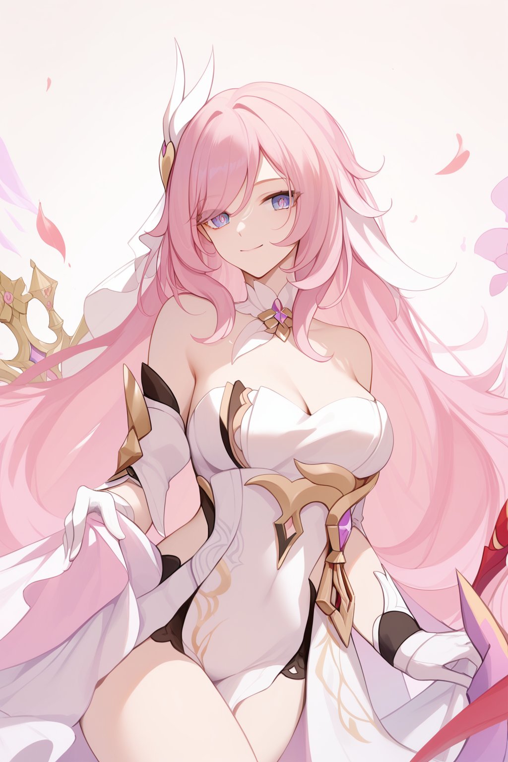 <lora:爱莉希雅pony:1>,elysia,a girl named elysia,elysia (honkai impact),looking at viewer,holding,smile,closed mouth,cleavage,white gloves,white dress,bare shoulders,, (score_9,score_8_up,score_7_up),(masterpiece,best quality,high quality:1.2),absurdres,