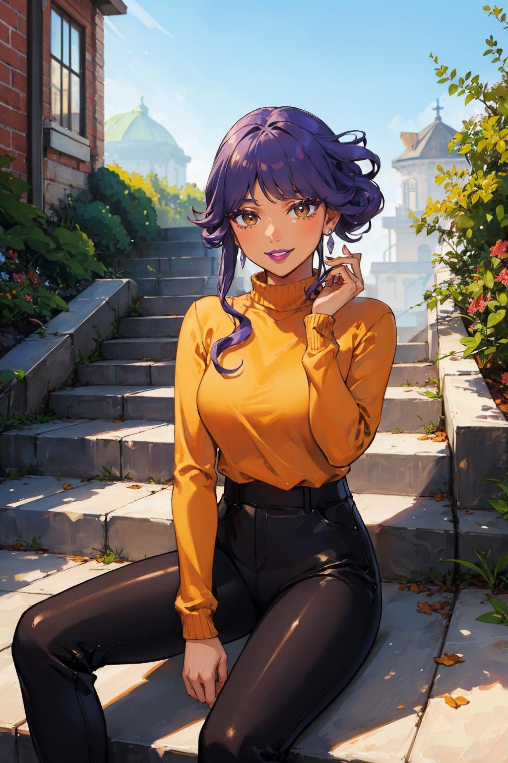 masterpiece, best quality,  <lora:tulip-nvwls-v1-000009:0.9> pkmnlip, brown eyes, purple hair, dark skin, lipstick, earring, orange sweater, turtleneck, black pants, smile, blue sky, stairs, sitting