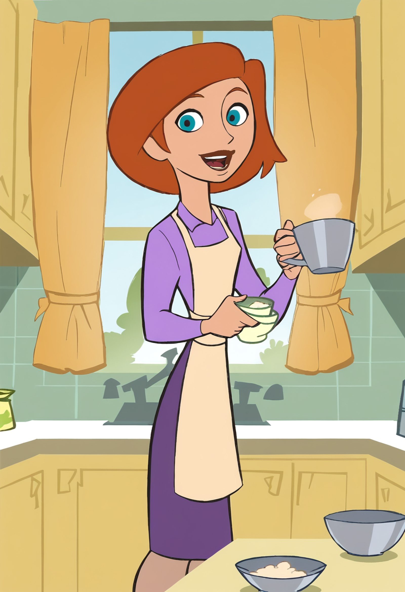 <lora:AnnPossiblePony1.0:1>AnnP,  1girl, solo, apron, blue eyes, short hair, orange hair, open mouth,holding, cup,  purple dress, kitchen, smile, flat color, long sleeves, window, curtains, indoors, pantyhose, purple skirt, score_9, score_8_up, score_7_up, score_6_up, score_5_up, score_4_up, looking at viewer,