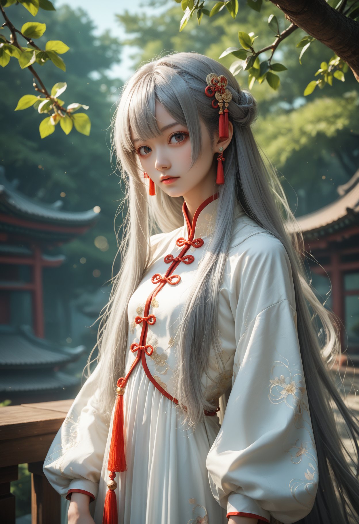 1girl,Gray hair,air bangs,very long hair,thick hair,fluffy hair,Chinese clothing,very long dresses,hair accessories,hairpins,loose sleeves,long sleeves,bracelets,earrings,Hanfu,fine costumes,fine textures,girl standing beside the peach tree in a daze,flapping her hair,, cinematic film still,score_9,score_8_up,score_7_up,dramatic lighting,(realistic:1.3),highly detailed,high budget,bokeh,cinemascope,moody,epic,gorgeous,film grain,grainy,masterpiece,best quality,perfect anatomy,very aesthetic,official art,8k,