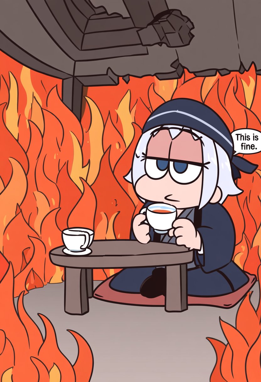 @Simichap. A stylized cartoon illustration faithfully adapts the famous "This Is Fine" meme. The scene shows a small room...