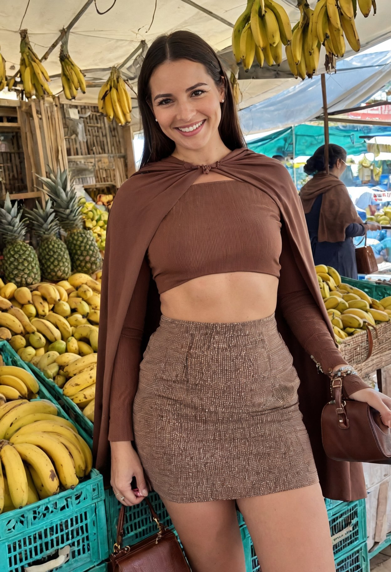 A photograph of a woman standing in front of a fruit market stall. She has a confident smile and is wearing a brown,  long...