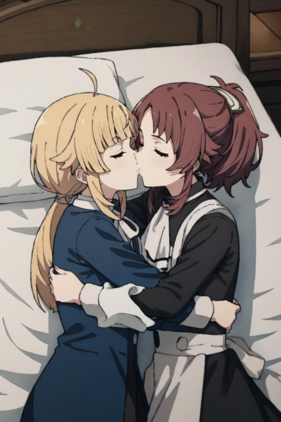 score_9, score_8_up, score_7_up, source_anime, 2girls, looking at viewer, hugging and kissing, closed eyes, indoors, lying on bed, BREAK<lora:norn_greyrat_anime_s2-soralz:1>, norn_greyrat, bangs, blonde hair, long hair, ahoge, sidelocks, blunt bangs, hair flaps, low ponytail, blue dress, white ribbon, white sleeves, long sleeves, white shirt, black shirt,ADDCOL<lora:aisha_greyrat_anime_s2-soralz:1>, aisha_greyrat,brown hair, ponytail, sidelocks, bangs, long hair, long sleeves, white ascot, white apron, black dress, maid