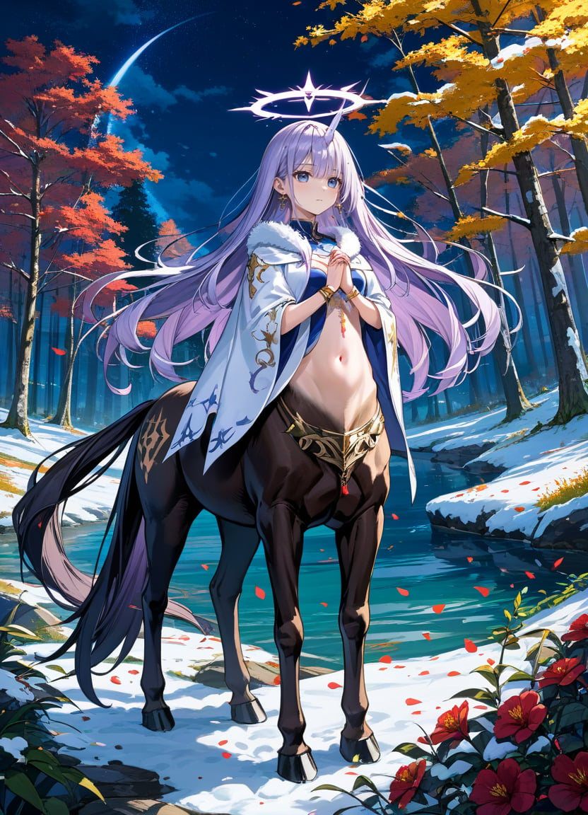 score_9, score_8_up, score_7_up ,source_anime masterpiece, best quality, perfect anatomy , very aesthetic , official art,BRAKE((fictional character,female centaur unicorn, half girl, half horse)) , expressionless, silky hair,long hair,multicolored maigcal forest,((night,lowlight,darkness)),bottomless,floating petals,flower,colored shadow,light particles, red flower,orange forest,light purple hair,(tattoo),slim,thin,white witch cape,fur cape,purple armor,druid,belly chain, earrings,bracelet,snow,river,blue eyes,long bangs,hair over face, hair behind ear,((white unicorn horn)),shirt,own hands clasped, ,halo,praying , cowboy shot,