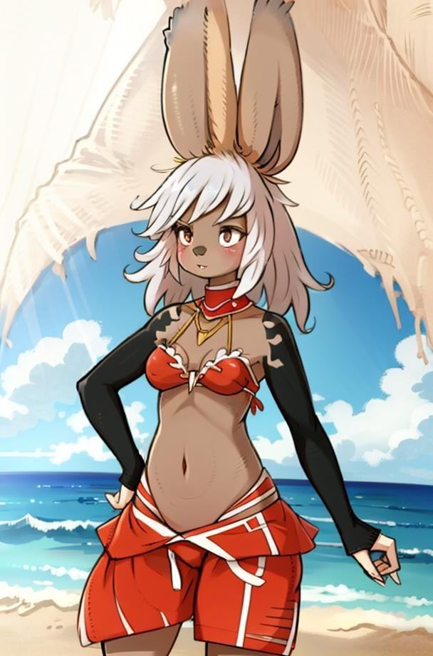 (anthro furry:1.2), VieraCzar, (viera, dark skin, brown eyes, short hair, bikini, pinup), (sea, sand, waves, sun), (masterpiece:1.2), hires, ultra-high resolution, 8K, high quality, (sharp focus:1.2), clean, crisp, cinematic, <lora:VieraFFTA-14:1>