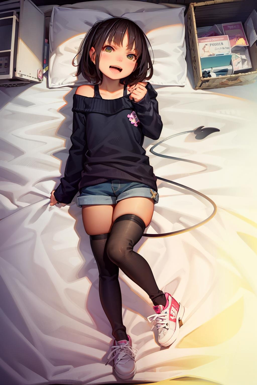 masterpiece, best quality, <lora:muk:1>,1girl, solo, demon tail, tail, thighhighs, lying, black thighhighs, shorts, short hair, open mouth, on back, shoes, brown hair, smile, sweater, looking at viewer, brown eyes, black hair, dakimakura (medium), demon girl, sneakers, tongue, full body, :d, tongue out, green eyes, blush, bare shoulders, bed sheet, denim