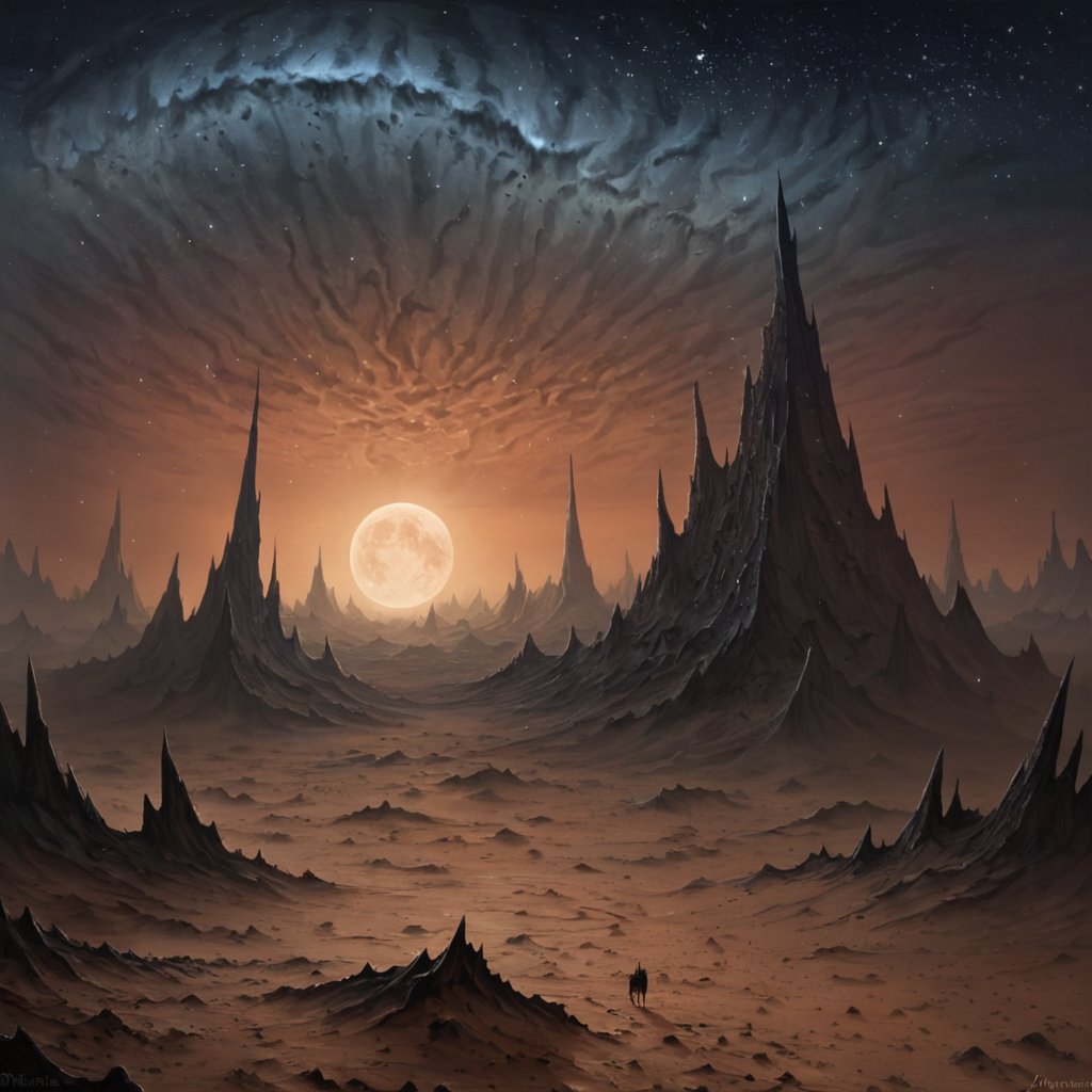 A surreal moonscape, where jagged peaks rise from a barren expanse of dust, and strange, otherworldly creatures prowl beneath a sky ablaze with stars."masterpiece, absurdres, highres, insane quality