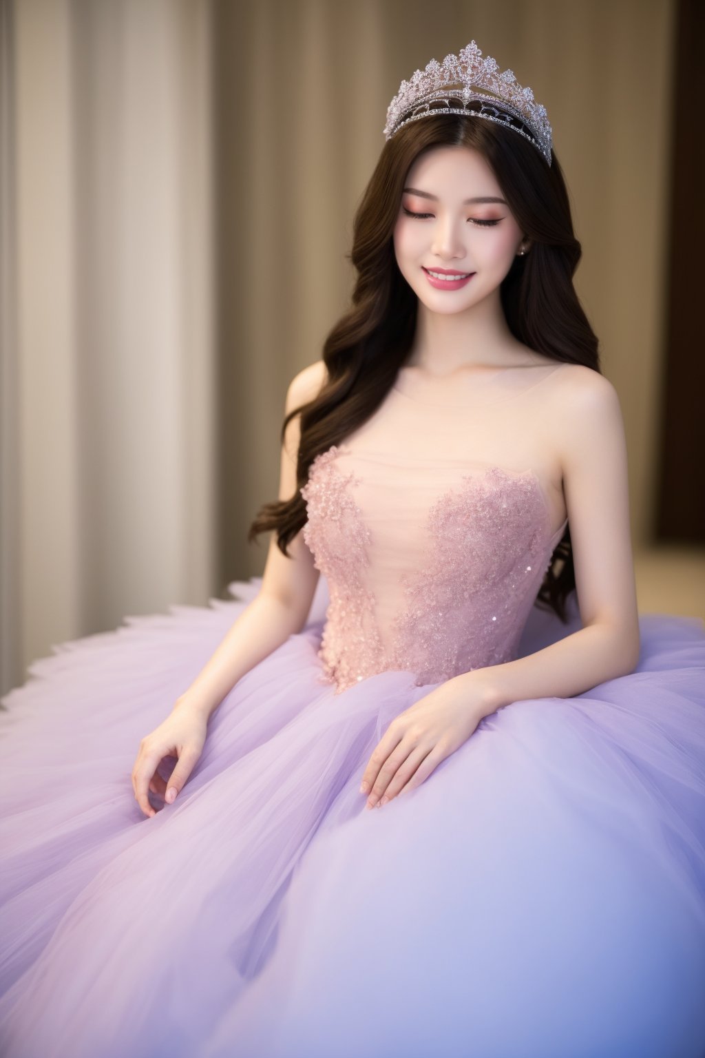 Woman, smiling, tiara, pink tulle dress, holding feather, soft focus, pastel colors, bright lighting, youthful, Asian ethnicity, indoors, sitting, ethereal, femininity, portrait, beauty, happy expression, elegance, gauzy fabric, dreamy atmosphere, light makeup, long hair., masterpiece,best quality,ultra-detailed,