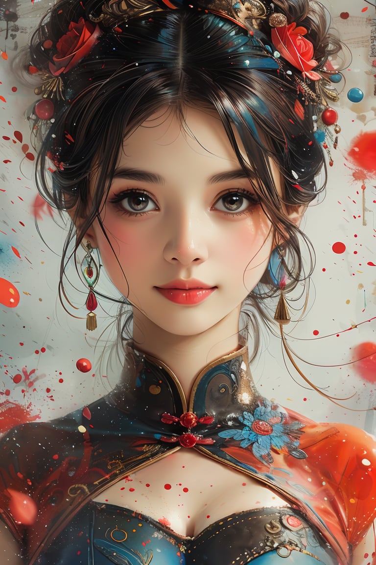 masterpiece,best quality,colorful inkpainting,1girl,solo,looking at viewer,chinese clothes,black hair,hair ornament,realistic,jewelry,dress,earrings,flower ,<lora:colorful-inkpainting-000016:0.8>,