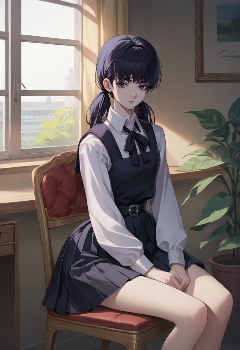 score_9, score_8_up, score_7_up, source_anime, solo, 1girl, mitaka asa, expressionless, looking at viewer, sitting, chair, long hair, low twintails, school uniform, black dress, pinafore dress, sleeveless dress, white shirt, black ribbon, neck ribbon, long sleeves, indoors <lora:csm_yoru_mitaka_ponyXL:1>