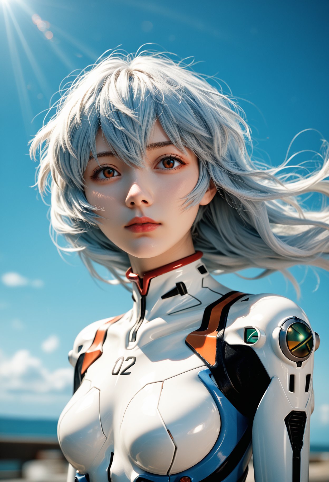 1girl,ayanami rei,neon genesis evangelion,rebuild of evangelion,plugsuit,pilot suit,white bodysuit,looking at viewer,head tilted,light blue long hair,hair blowing in the wind,(intricate details),(dynamic angle),fluffy hair,air bangs,, cinematic film still,score_9,score_8_up,score_7_up,dramatic lighting,(realistic:1.3),highly detailed,high budget,bokeh,cinemascope,moody,epic,gorgeous,film grain,grainy,masterpiece,best quality,perfect anatomy,very aesthetic,official art,8k,