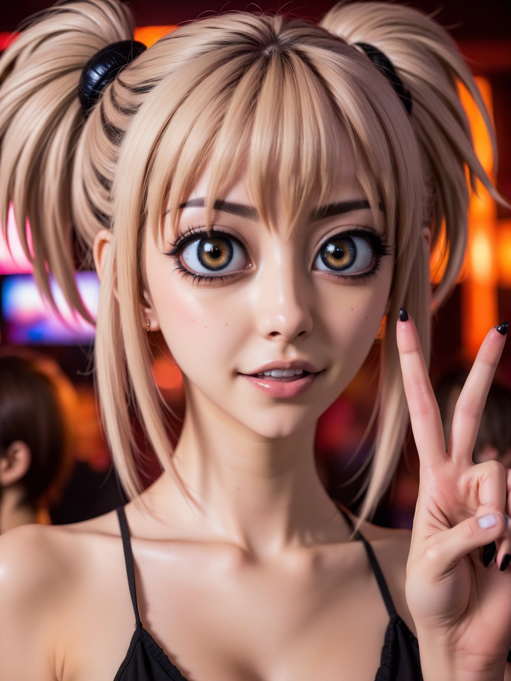 <lora:bigeyes-v2_16x8-4x1-000003:1>, (big anime eyes, huge anime eyes:1)<lora:lori aerly big eyes 1b_lori aerly big eyes woman:0.2>,a realistic photograph of woman with anime hair and a long neckgiving a peace sign and smilingin a club