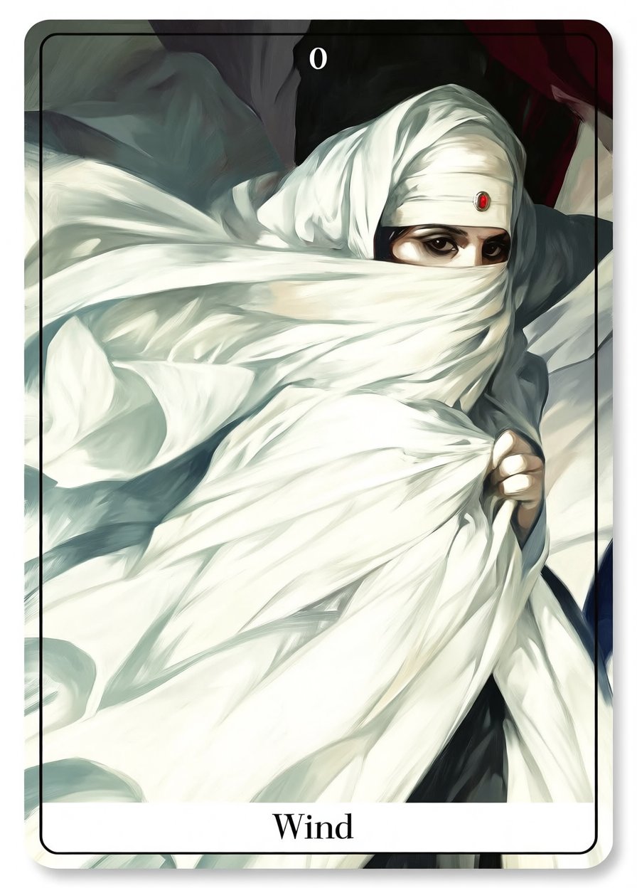 detailed image of tarot card elegant borders artwork,  with text "Wind" at the bottom. realistic mysterious,  partially ob...