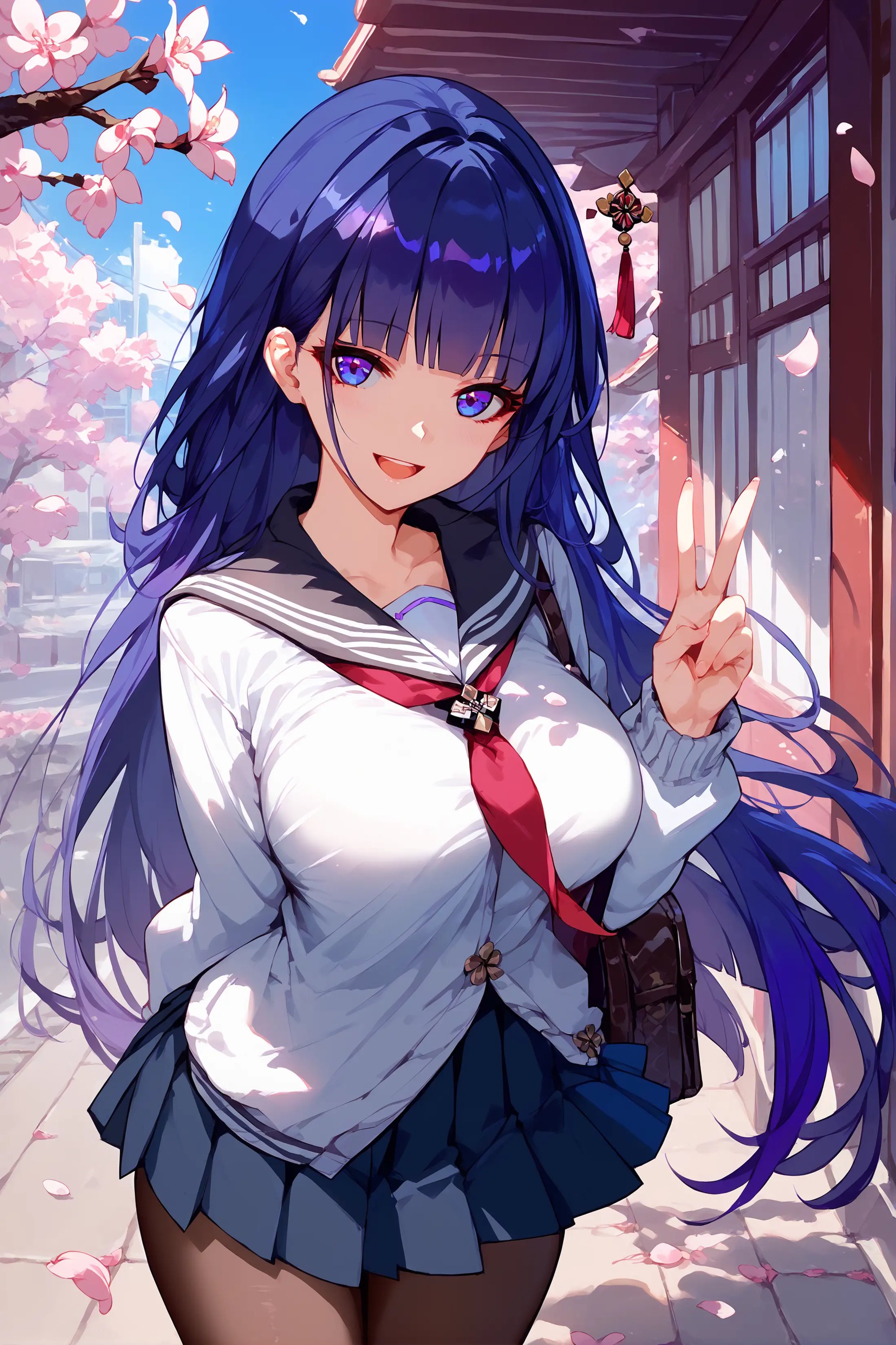 score_9, score_8_up, score_7_up, 1girl, raiden mei, solo, school uniform, white shirt, sweater, pleated skirt, pantyhose, light smile, v, looking at viewer, smile, open mouth, outdoors, street, cherry blossoms, petals, depth of field  <lora:Char-Honkai-RaidenMei-V1-Pony:1>