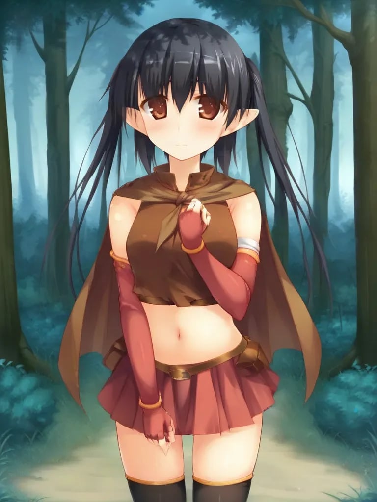 <lora:lucheforforestpony:1>1girl, solo, luceeoff black hair, twintails, brown eyes, pointy ears, brown croptop, sleeveless, navel, cape, elbow gloves, fingerless gloves, skirt, miniskirt, thighhighs, standing, outdoors, forest, cowboy shot, looking at viewer, nervous