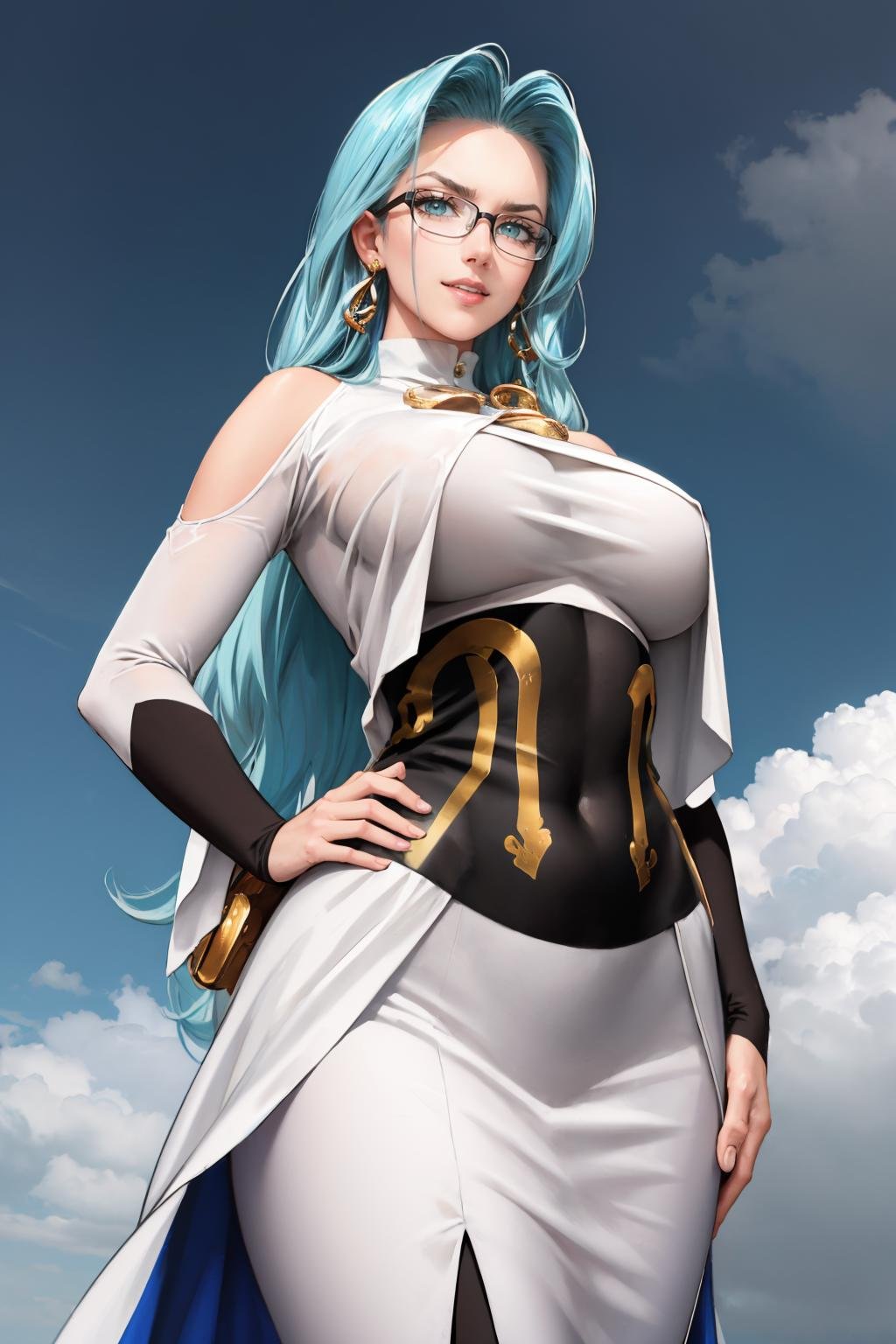 masterpiece, best quality, <lora:psykos-nvwls-v1-000010:0.9> psykos, aqua hair, glasses, earrings, white dress, underbust, bridal gauntlets, huge breasts, cowboy shot, looking at viewer, furrowed brow, smile, from below, grey sky, overcast, from below, hands to hips