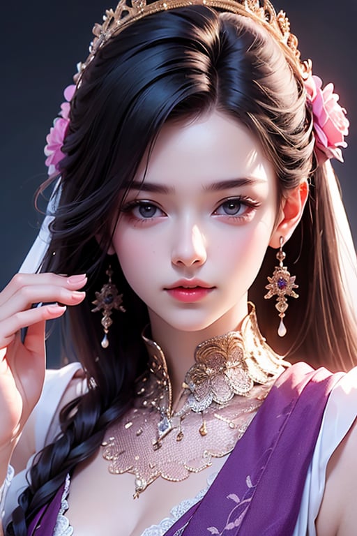 1girl, solo, jewelry, earrings, long hair, portrait, brown hair, hair ornament, looking at viewer, flower, purple eyes, realistic, lips, eyelashes, hand up, hair flower, flower earrings <lora:仙侠-000009:1>, ray tracing, (best quality), ((masterpiece)), (highres), original, extremely detailed 8K wallpaper, (an extremely delicate and beautiful), incredibly_absurdres, colorful, intricate detail, artbook, <lora:仙侠:0.8>