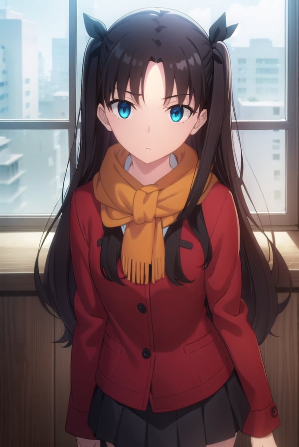 rintohsaka, <lora:rin tohsaka ubw-lora-nochekaiser:1>, rin tohsaka, aqua eyes, (black hair:1.2), hair ribbon, long hair, ribbon, sidelocks, two side up, (parted bangs:1.5),BREAK skirt, thighhighs, long sleeves, pleated skirt, black thighhighs, black skirt, scarf, zettai ryouiki, coat, (red coat:1.2), orange scarf,BREAK indoors, classroom,BREAK looking at viewer, (cowboy shot:1.5)BREAK <lyco:GoodHands-beta2:1>, (masterpiece:1.2), best quality, high resolution, unity 8k wallpaper, (illustration:0.8), (beautiful detailed eyes:1.6), extremely detailed face, perfect lighting, extremely detailed CG, (perfect hands, perfect anatomy),